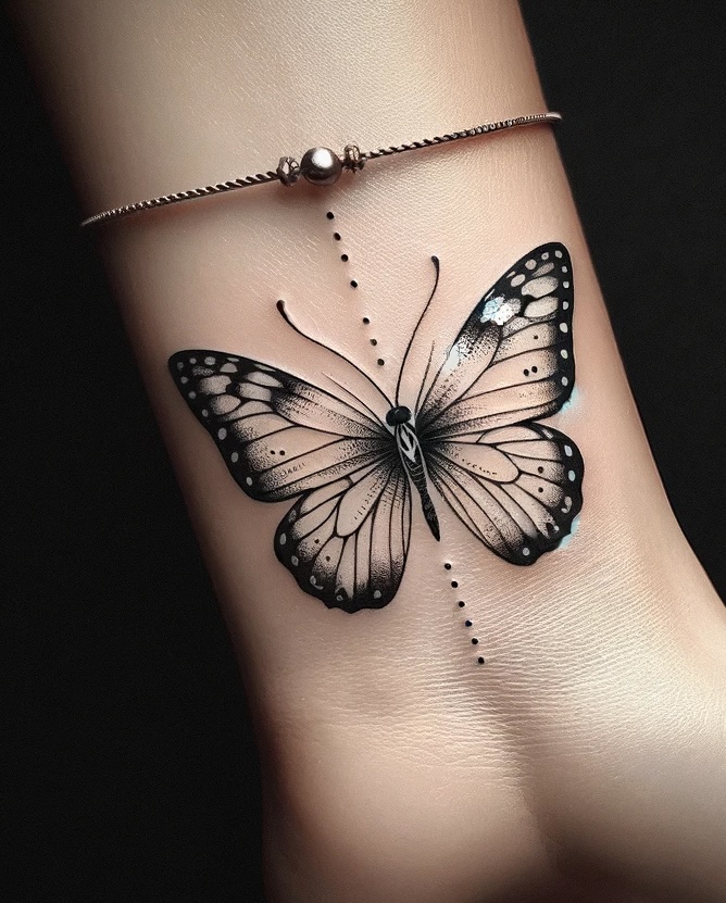 a butterfly inner wrist tatoo with small dotted line up and down from the butterfly