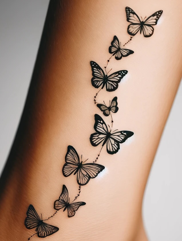 tattoo design of a chain of small butterflies in black