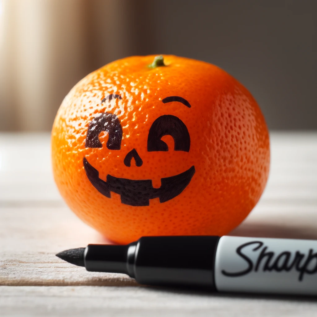 a clementine with a jack-o-lantern face drawn on with a sharpee and the market in the front of the frame