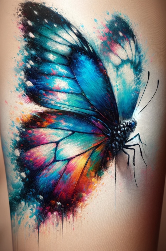 colorful watercolor style image of a butterfly in blues and pinks