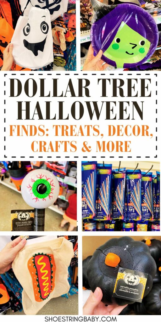 Collage of halloween items from dollar tree like witch paper plates, ghost bag, eyeball, glow sticks, and dog hot dog costume. Text says dollar tree halloween finds: treats, decor, crafts and more
