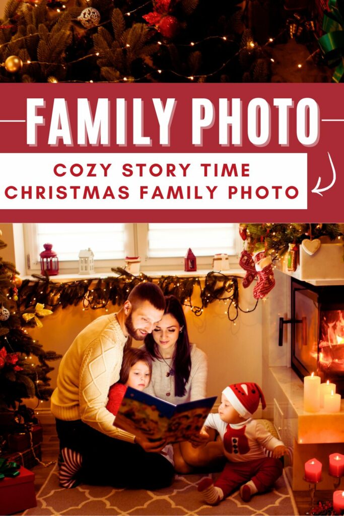 Parents with a toddler on their lap and a baby in christmas pjs reading a story by the christmas tree