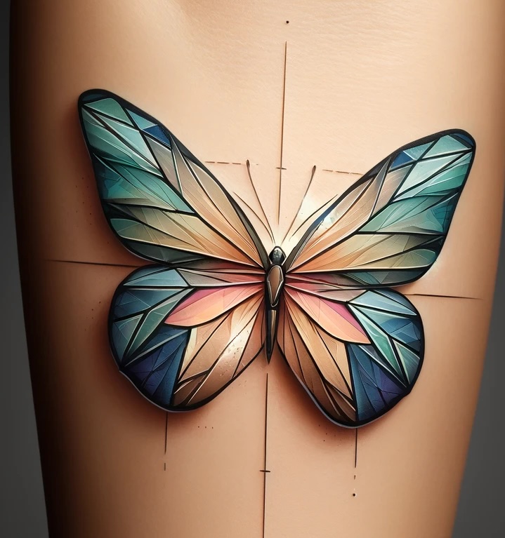 colorful geometric butterfly design as an arm tattoo