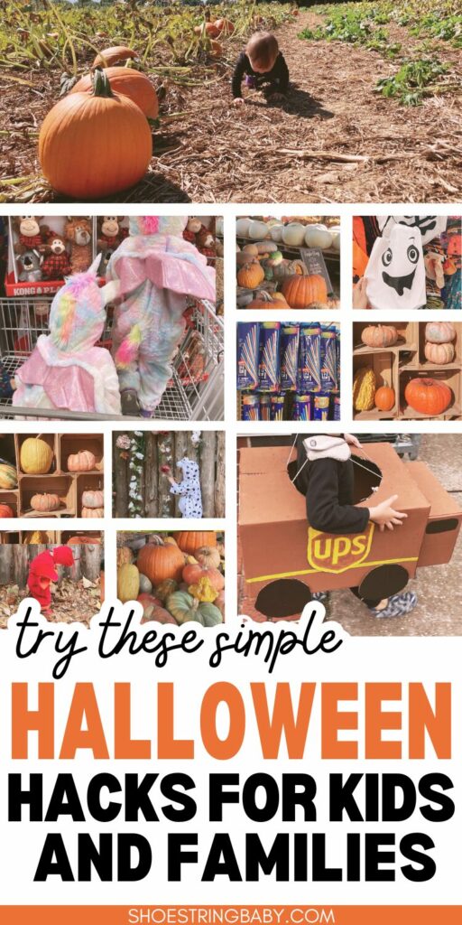 collage of halloween pictures like kids in costumes, pumpkins and halloween accessories. Text overlay says try these simple Halloween hacks for kids and families