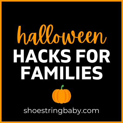black square with orange and white font that says halloween hacks for families with a pumpkin graphic