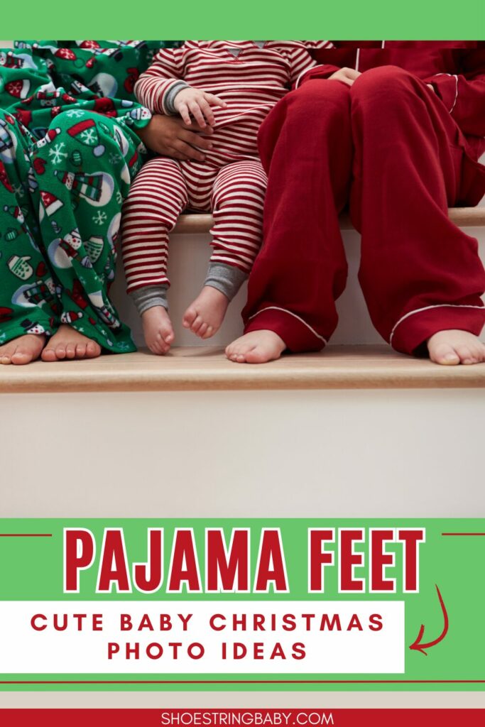 the legs and feet of three kids in different sets of christmas pajamas sitting on the stairs