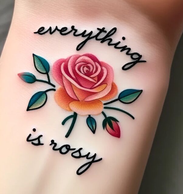 pink rose tattoo on the wrist with writing around it that says everything is rosy