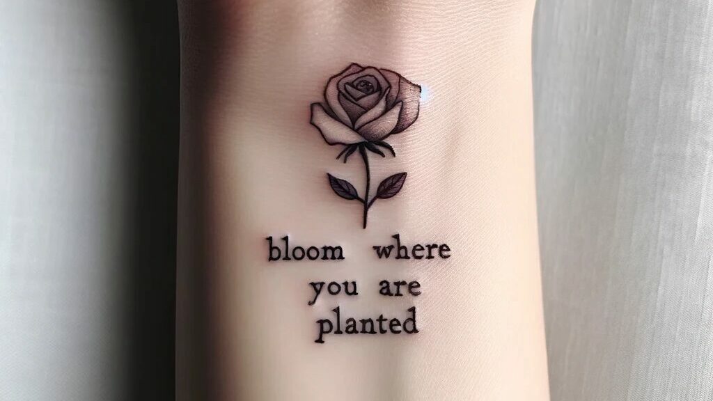 a rose wrist tattoo with text that says bloom where you are planted