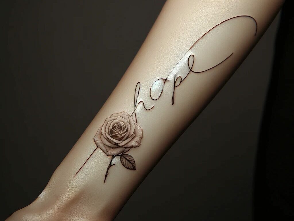 rose tattoos on the wrist with the word hope in cursive going up the forearm