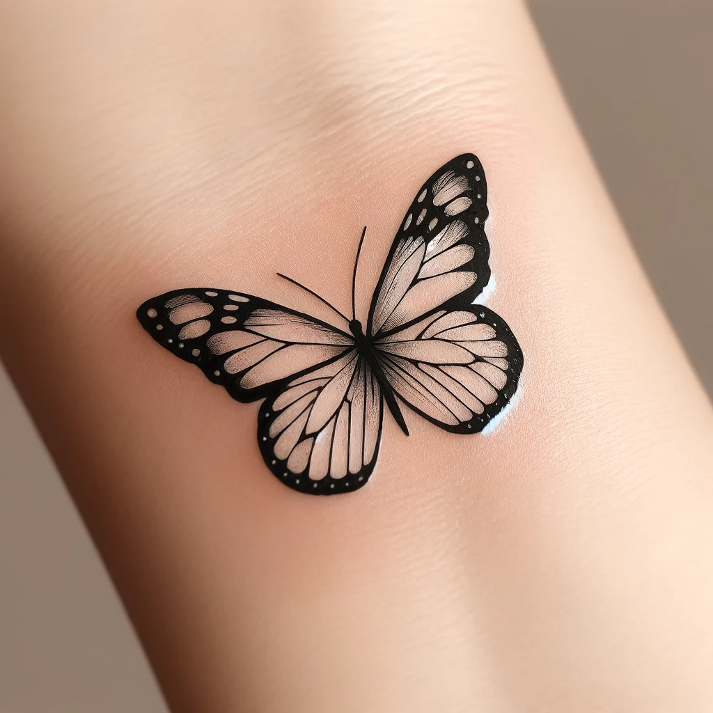 one black outline butterfly tattoo on inner wrist