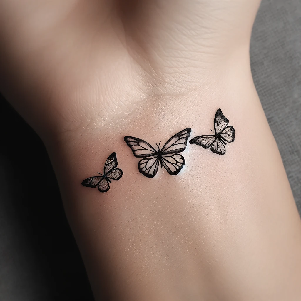 three small butterflies as an inner wrist tattoo