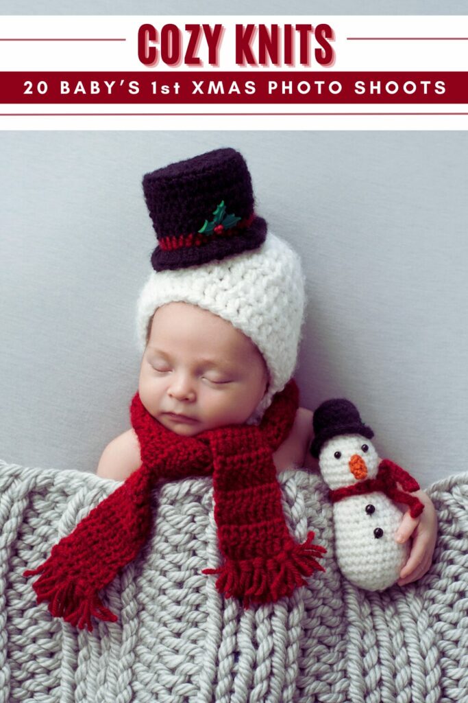 a newborn asleep in a knit blanket, with a knit beanie, scarf and little knit snowman