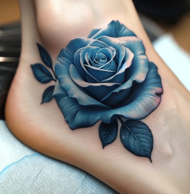 a blue rose tattoo on the foot