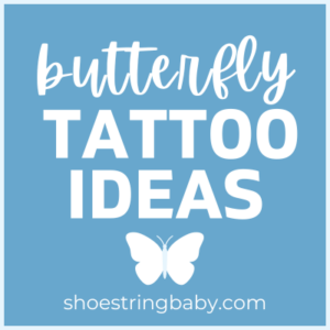 blue square with text that says butterfly tattoo ideas with a butterfly graphic