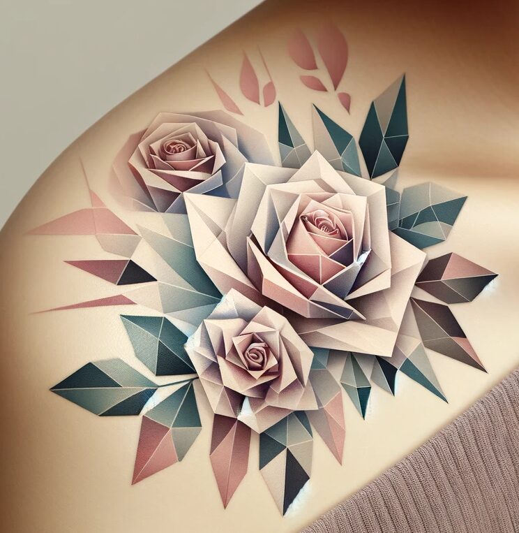 a geometric rose tattoo on the shoulder in pastel colors