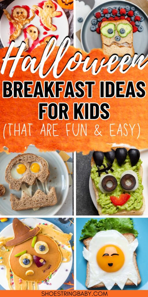 A collage of Halloween-themed breakfast ideas, including pancakes shaped like ghosts and witch and monster toasts. The text says Halloween breakfast ideas for kids (that are fun and easy)