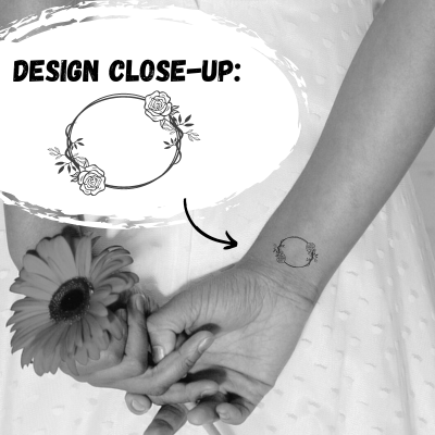 a wrist tattoo of a simple small circle with roses and a zoom in on the tattoo design