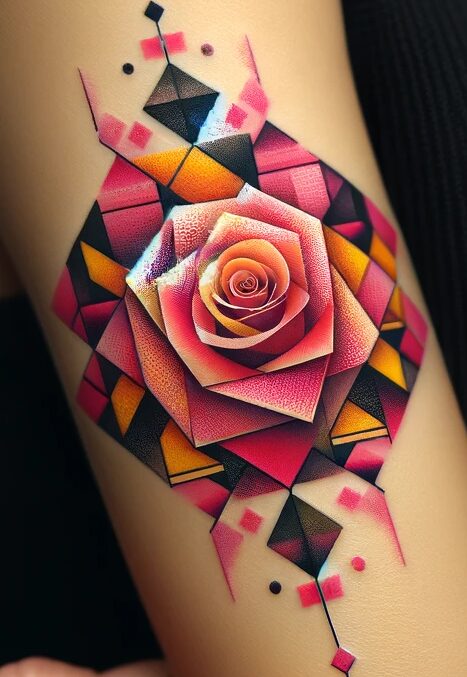 a geometric abstract rose tattoo in pinks, orange and black