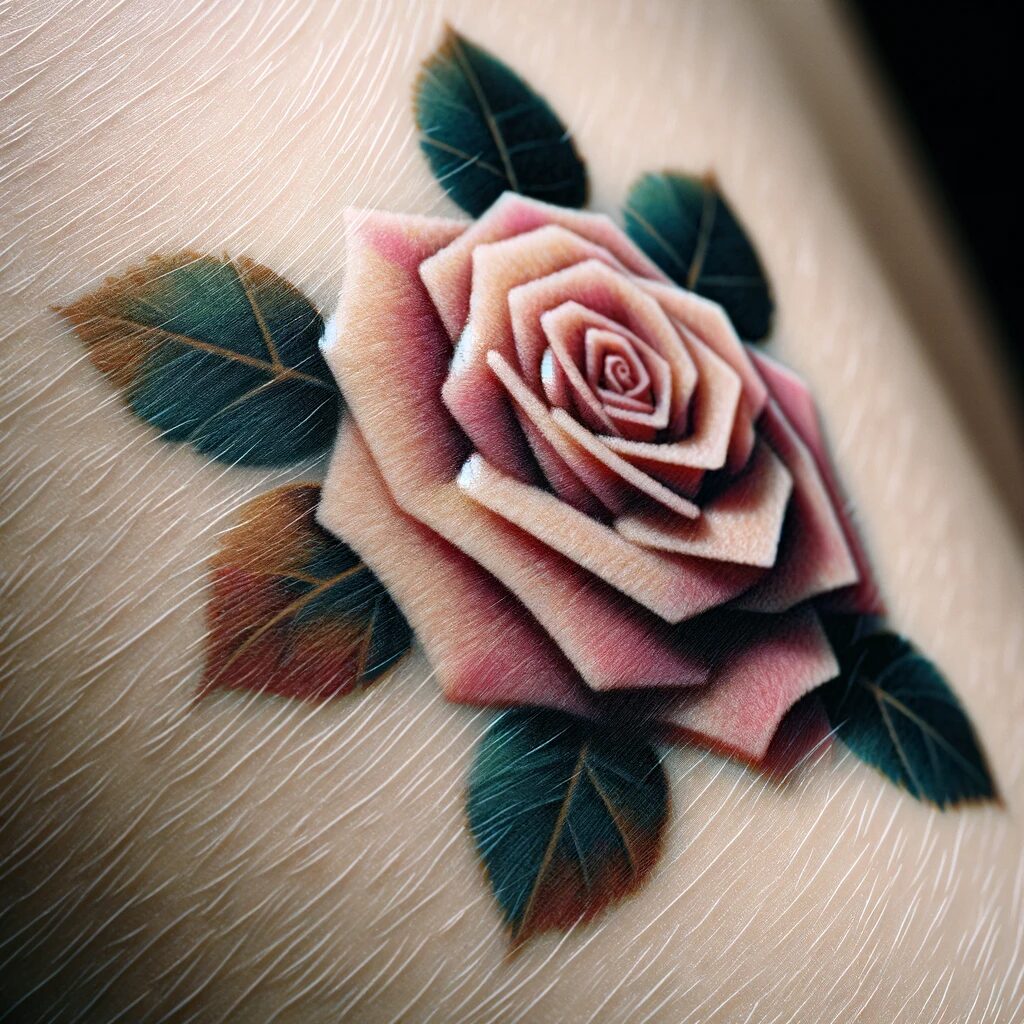 a pink rose tattoo with leaves