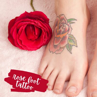 a foot red rose tattoo next to a red rose