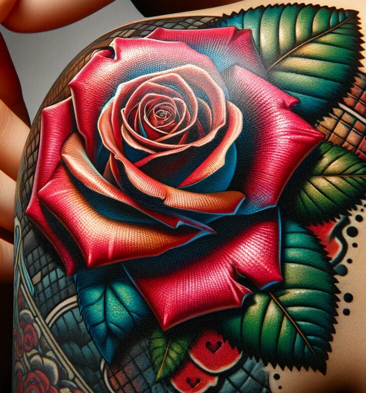 a colorful big rose tattoo on the shoulder