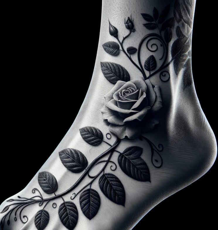 a rose vine tattoo on the top of the foot and ankle