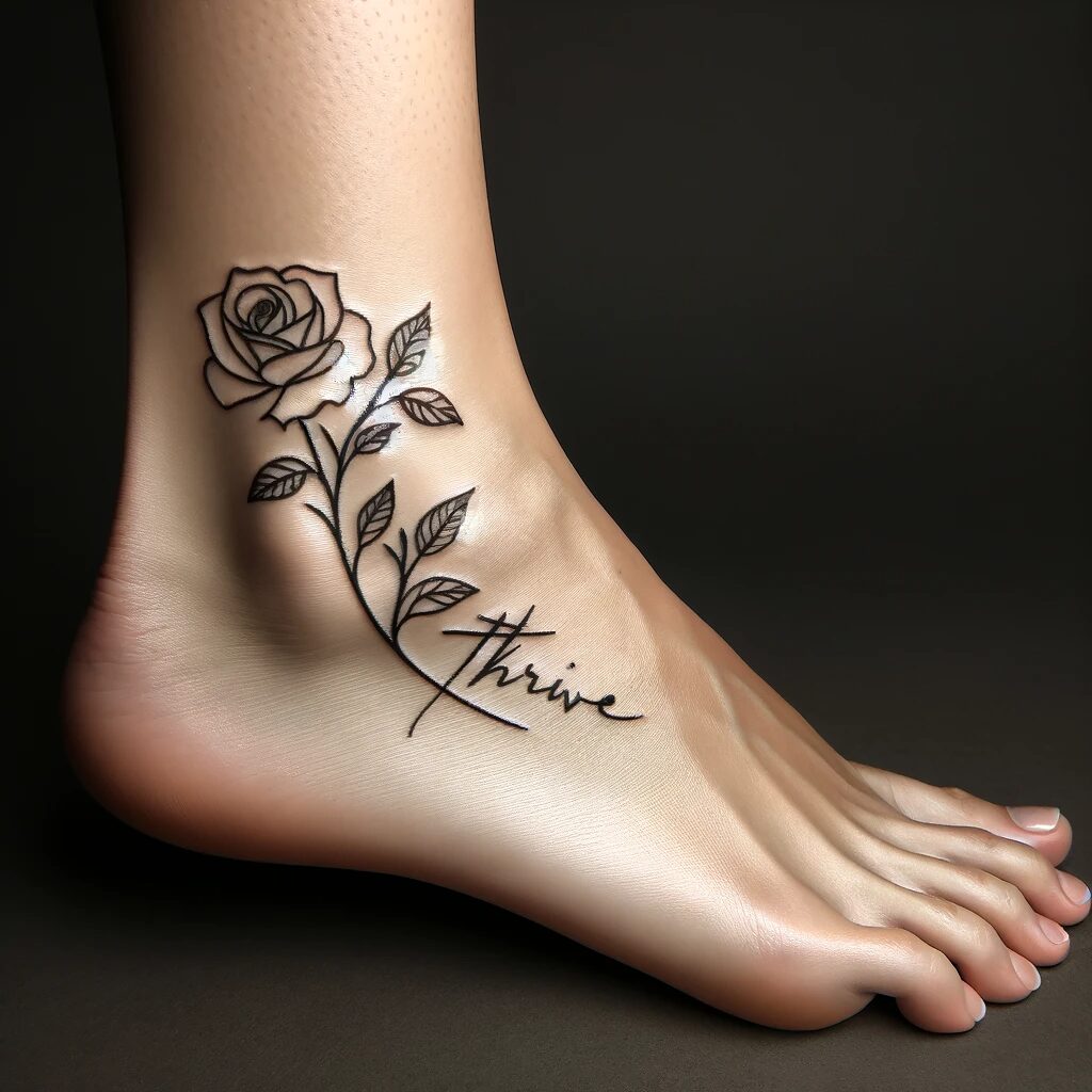 an ankle tattoo of a rose and the word thrive