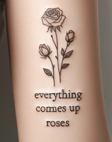 a tattoo of a rose and two rose buds and words that says everything comes up roses