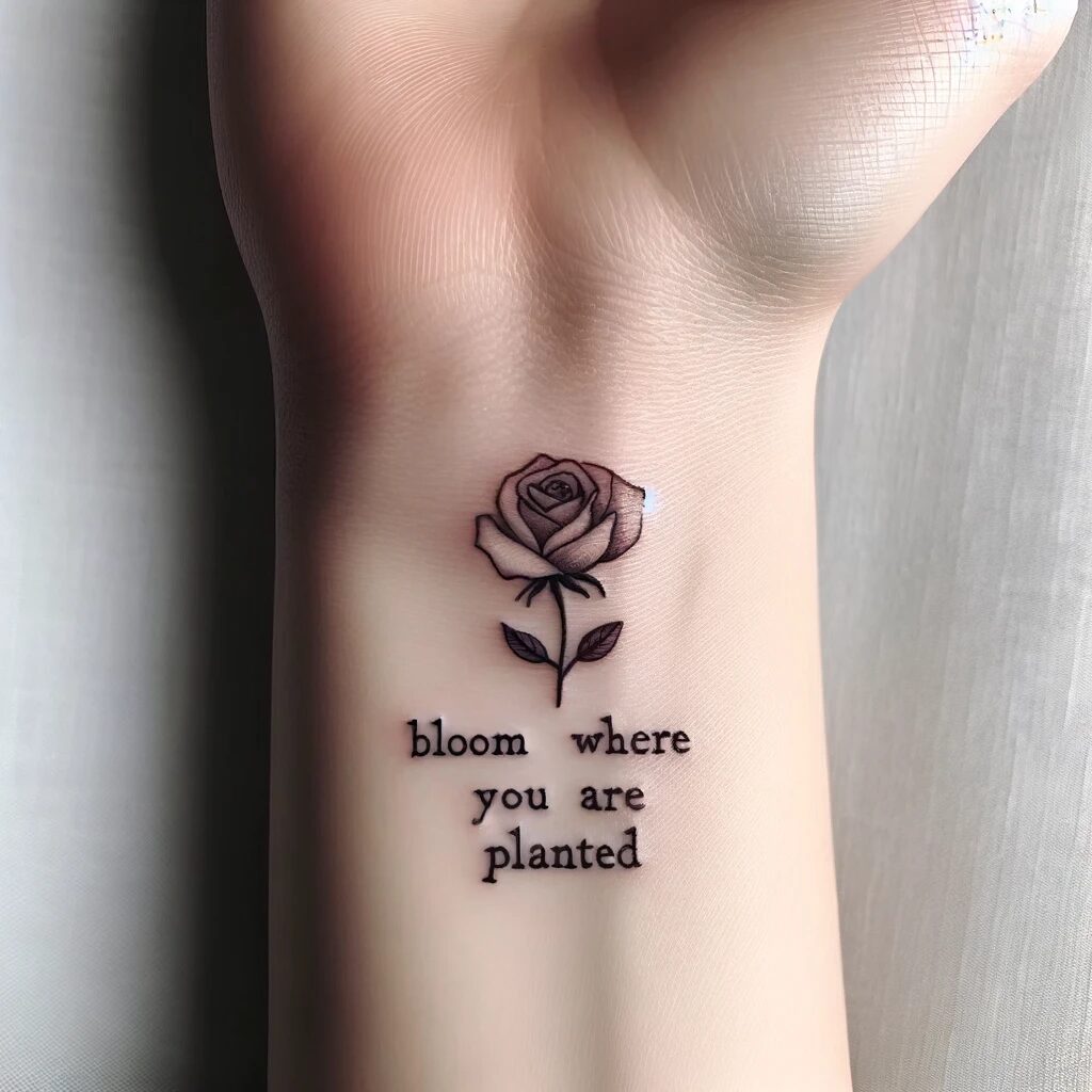 a wrist tattoo with a rose and words that say bloom where you are planted