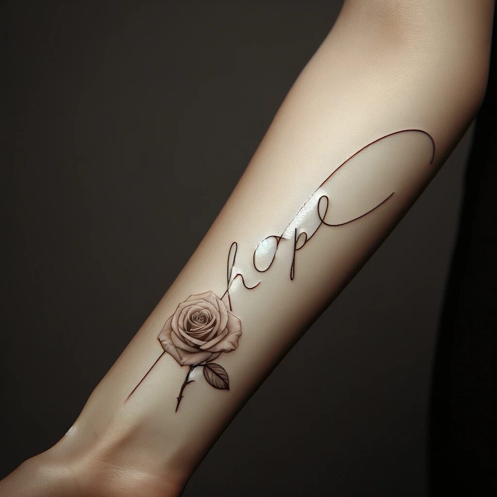 an inner arm rose tattoo that says hope