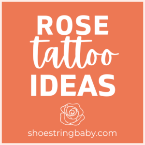 orange square with white text that says rose tattoo ideas with a rose graphic
