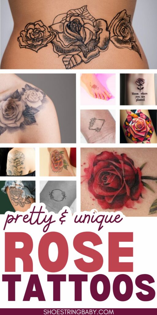 collage of rose tattoos, some in little tiles and some in bigger tiles. text says pretty & unique rose tattoos