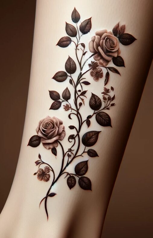 a calf tattoo of a rose vine