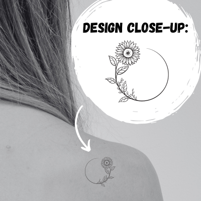 a black and white photo of the back of a woman' shoulder with a circle sunflower tattoo on it and a zoom in on the tattoo design