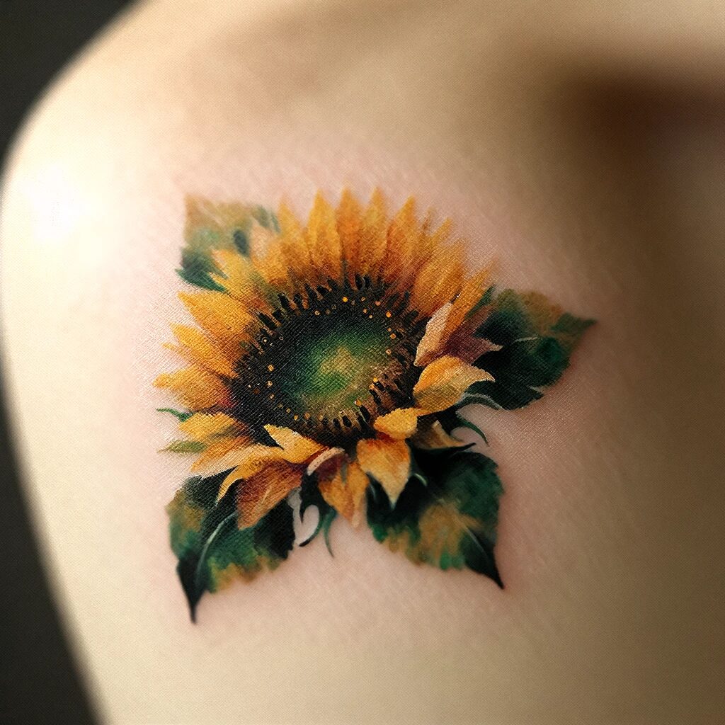 a sunflower tattoo on the shoulder
