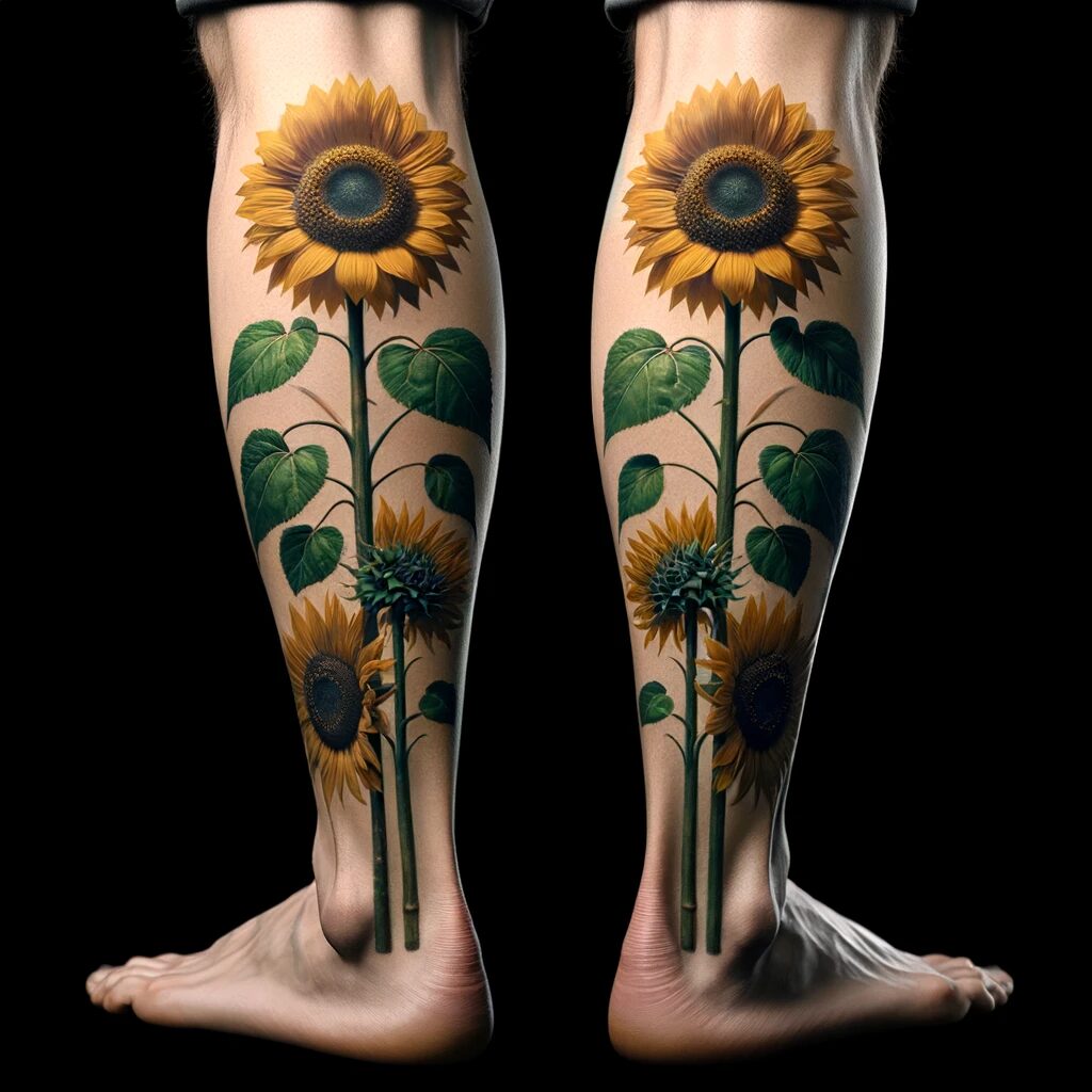 big sunflower tattoos on the back of the calf