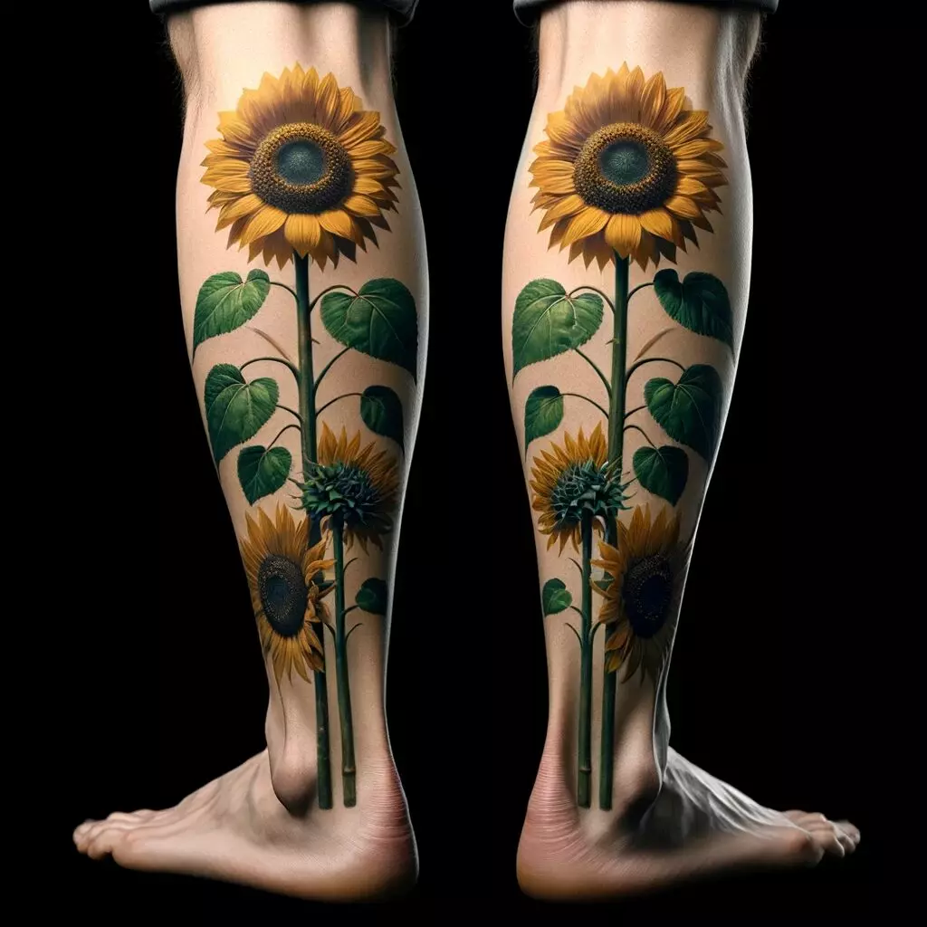 big sunflower tattoos on the back of the calf