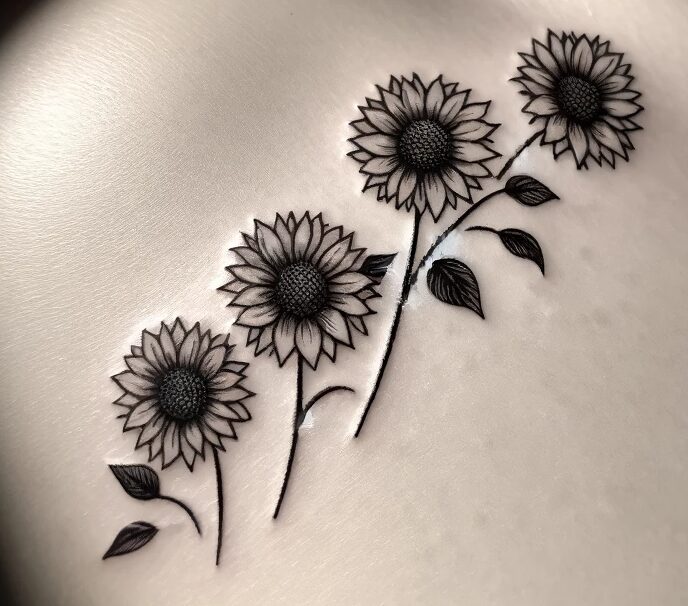 a tattoo design of four sunflowers in a row