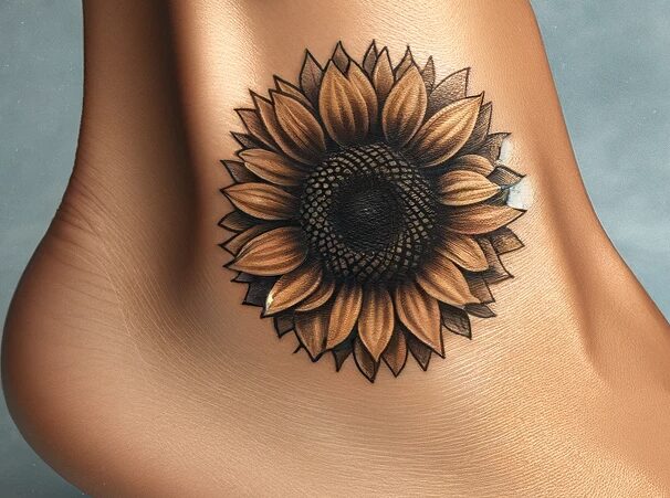 ankle tattoo of a sunflower