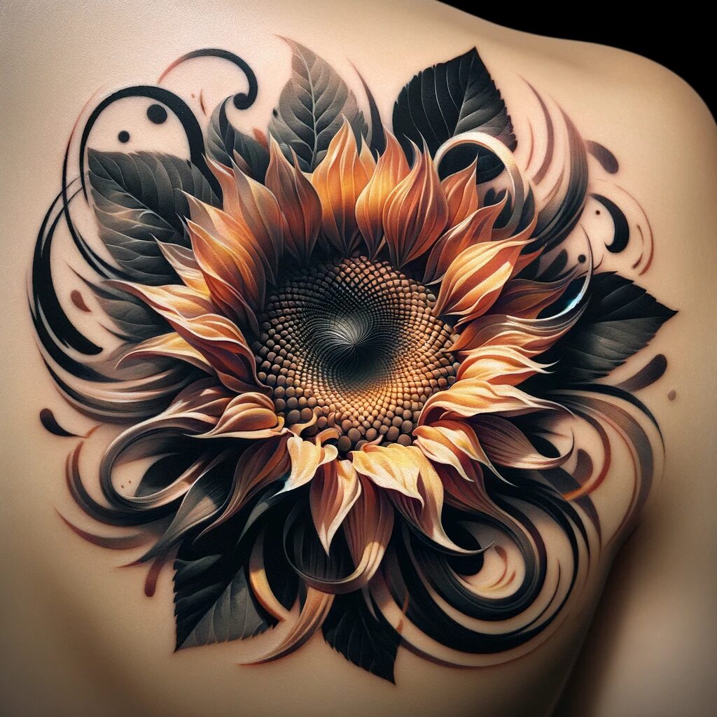 an abstract sunflower tattoo design of a sunflower and swirly design elements behind it
