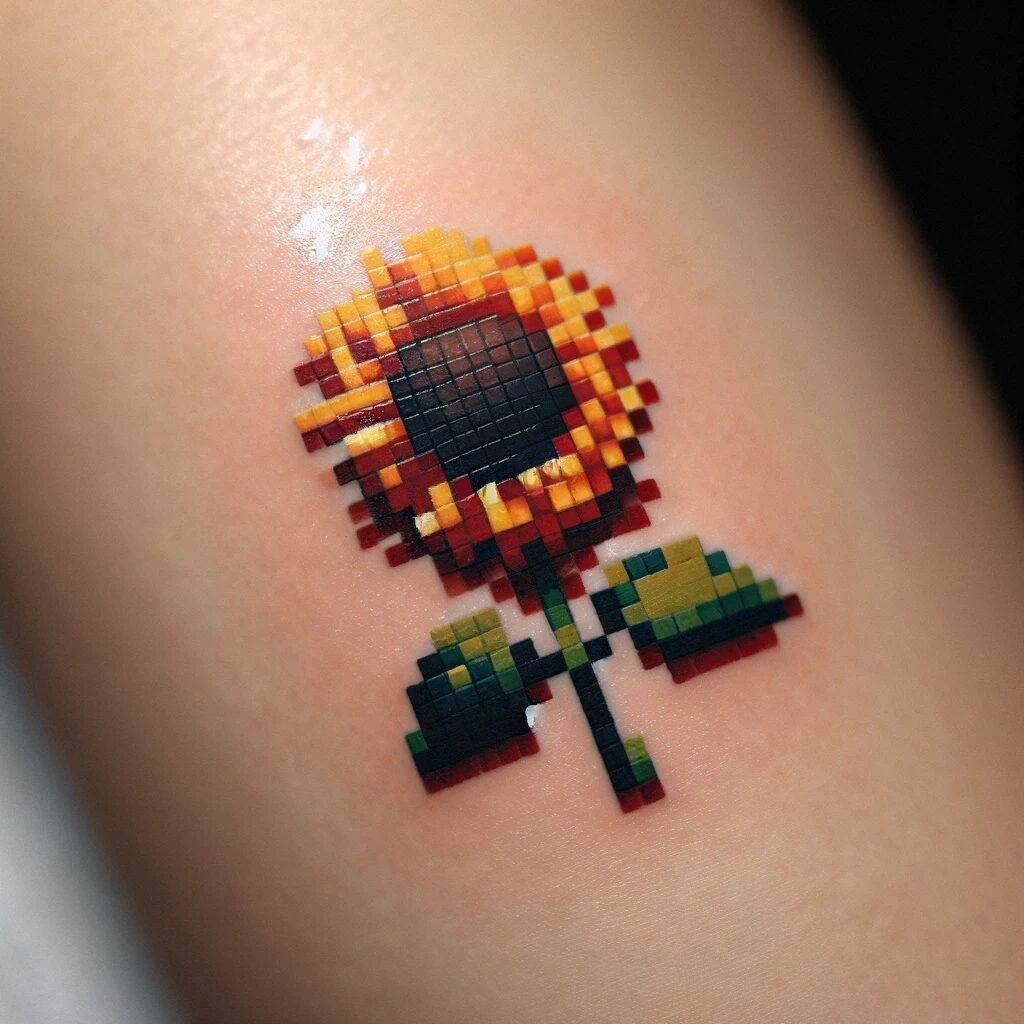 a sunflower tattoo where the sunflower is made of pixelated little squares