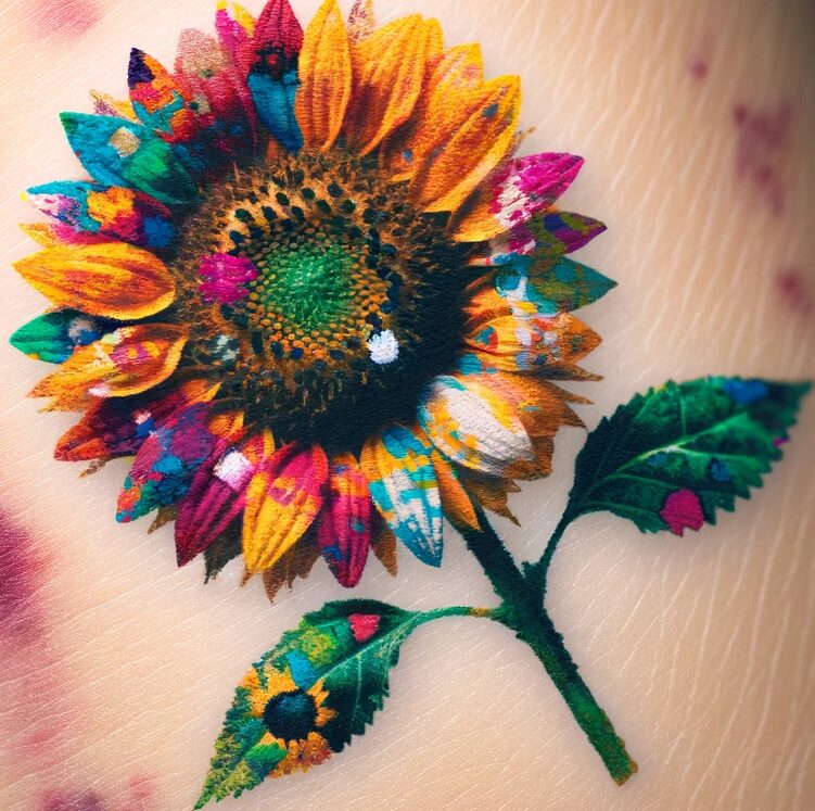 a colorful sunflower tattoo with the petals and leaves are multicolor