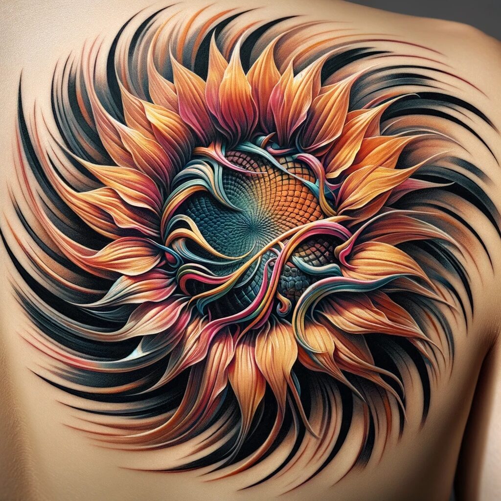 an abstract sunflower design where the petals are swirly