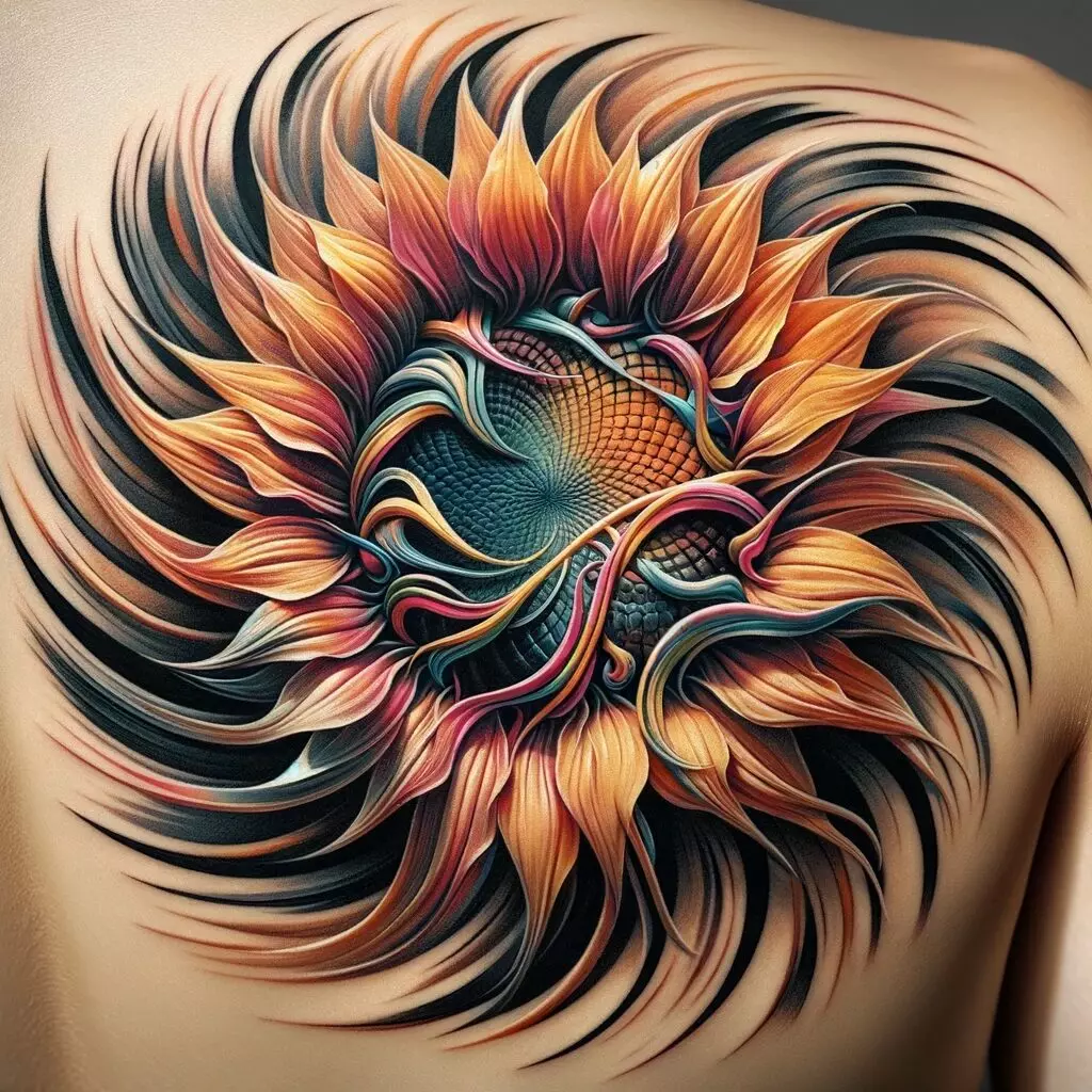 an abstract sunflower design where the petals are swirly