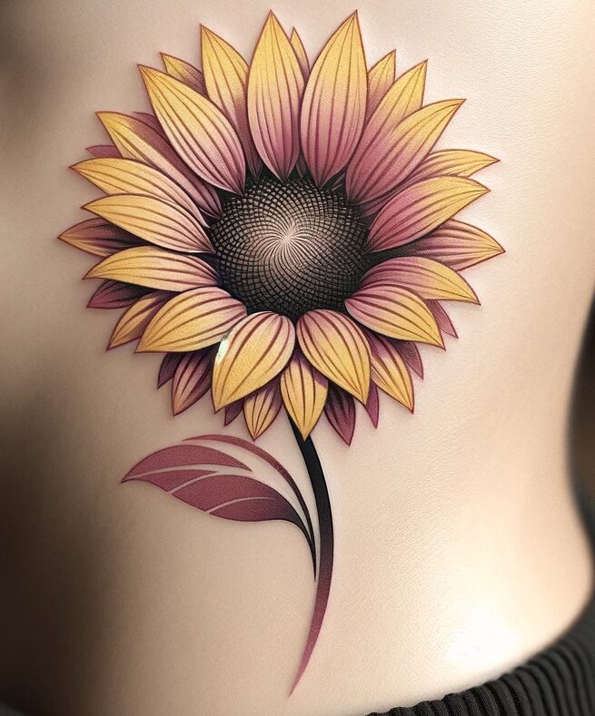 a sunflower tattoo on the side of the waist