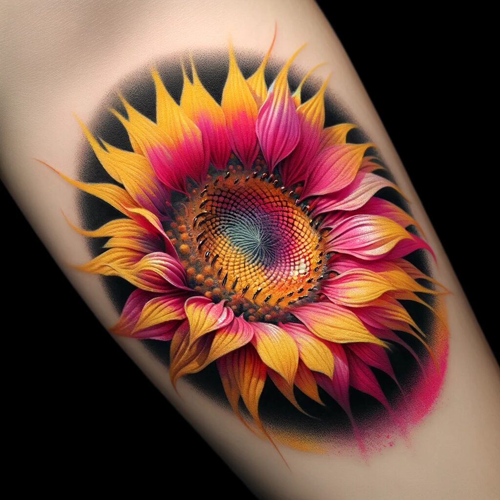 a sunflower tattoo with pink highlights around the petals