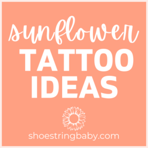 an orange square with the words sunflower tattoo ideas and a sunflower graphic
