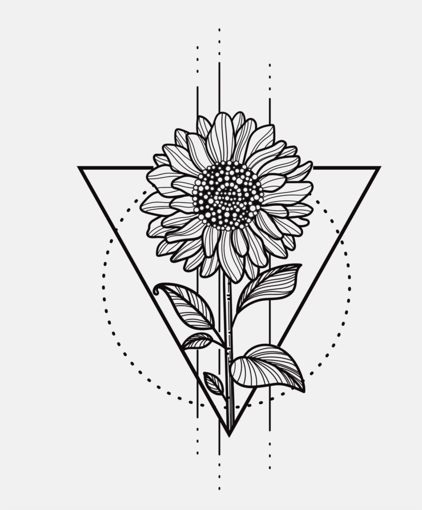 a sunflower design with geometric lines behind it
