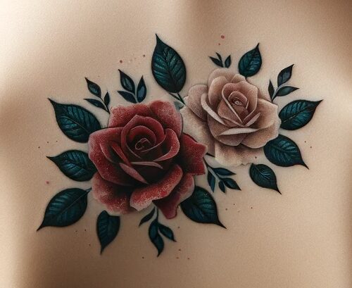 Tattoo of a red and pink rose with leaves