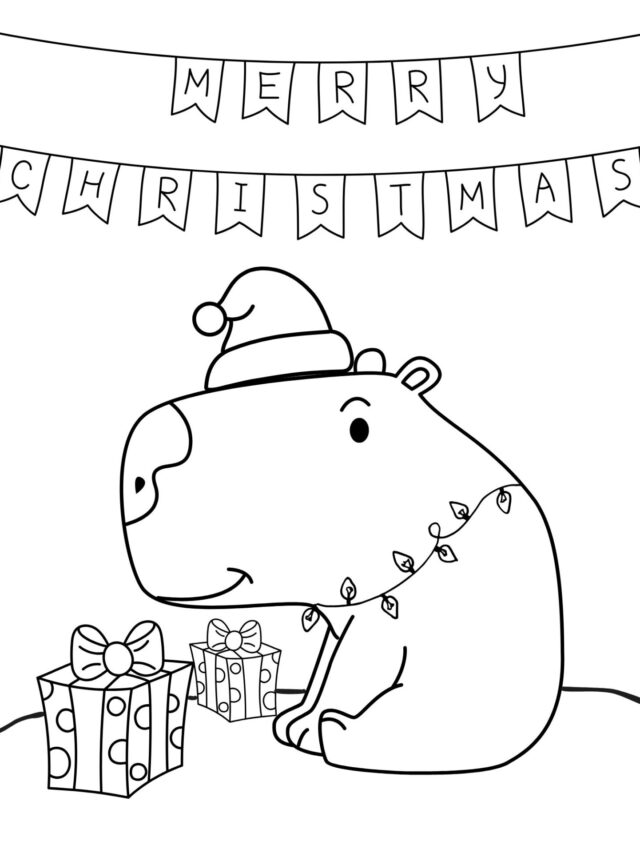 a capybara coloring page of a capybara under a banner that says merry christmas